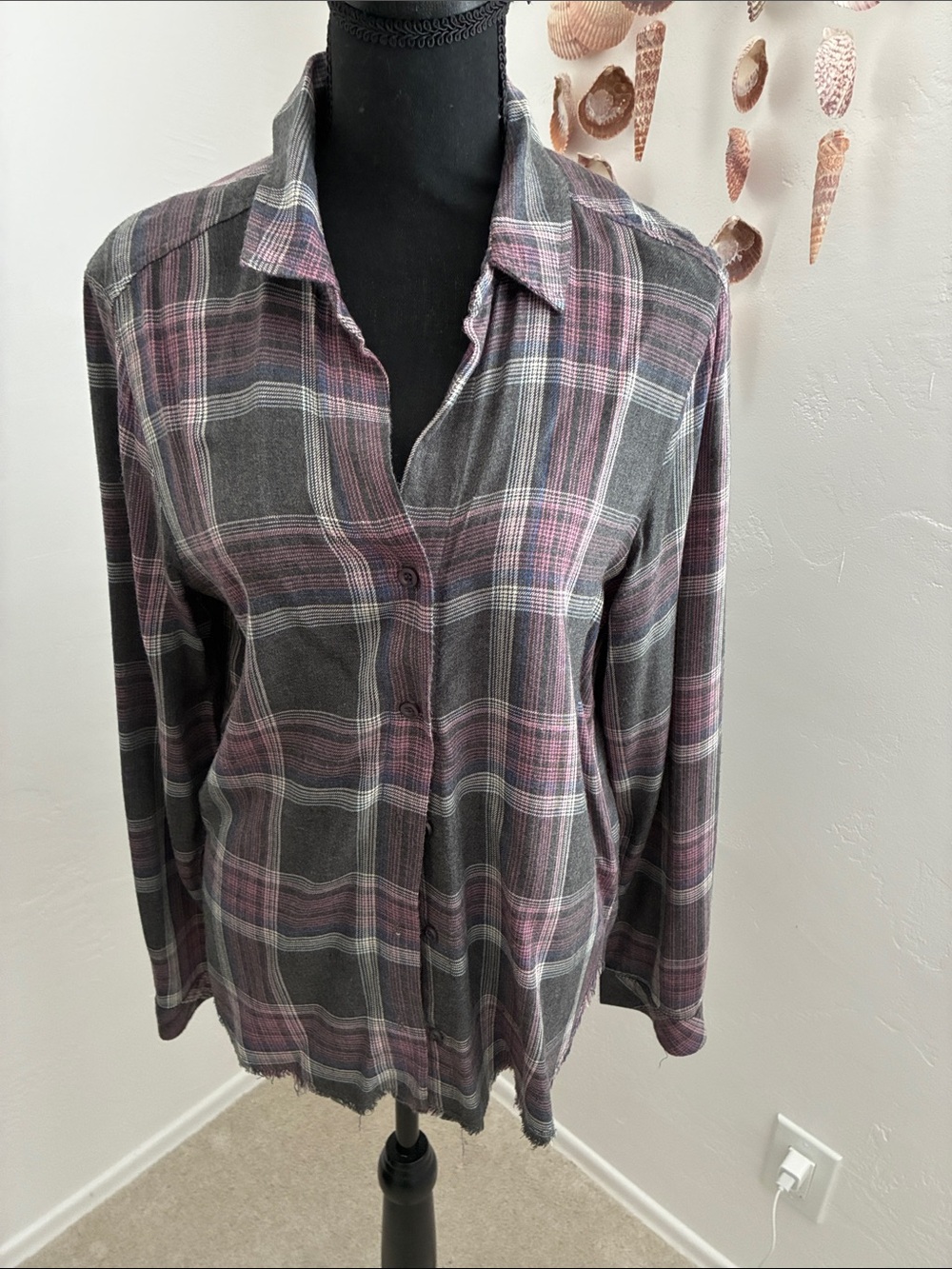 Bella Dahl Gray and Pink Plaid Button-Down Shirt